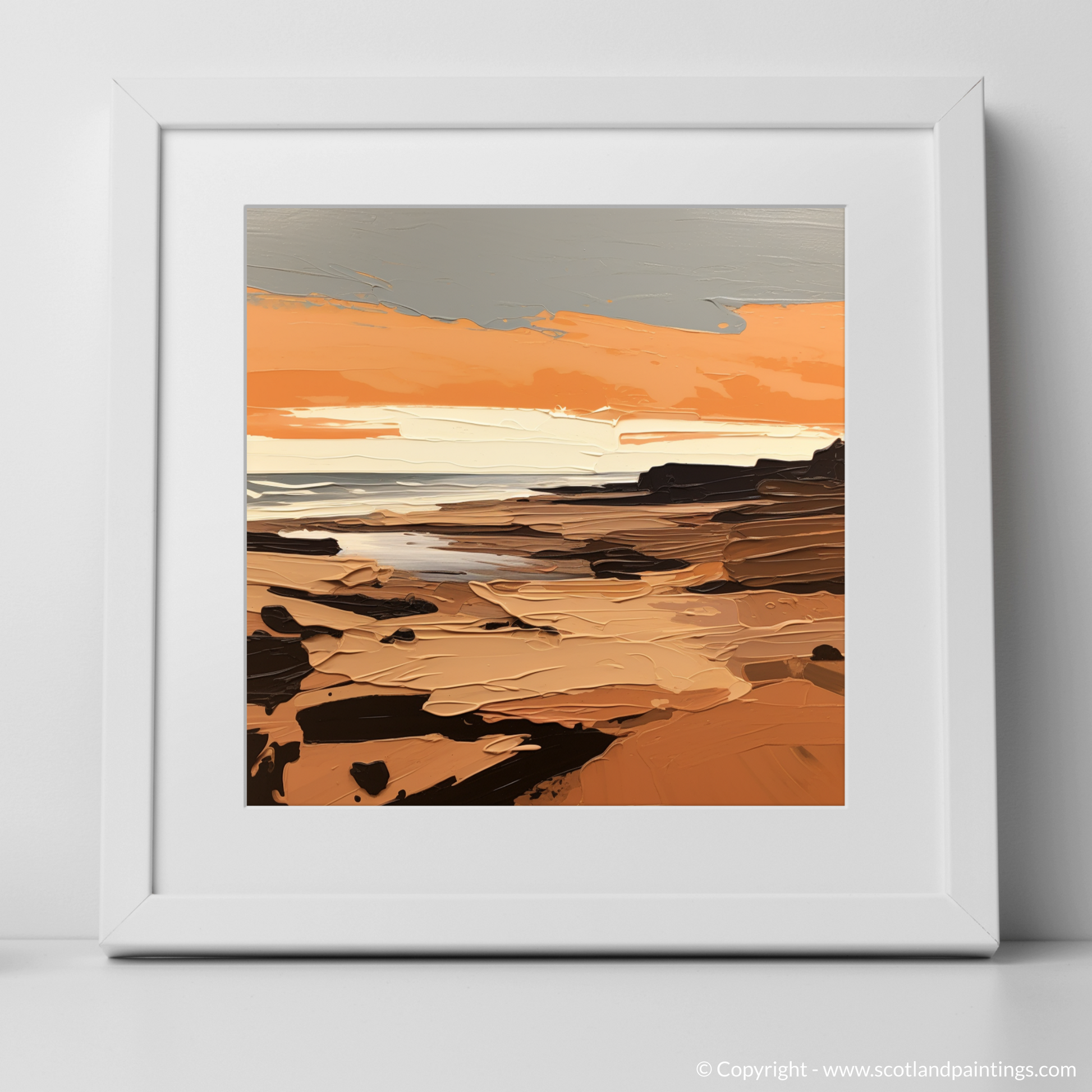 Art Print of Balmedie Beach at golden hour with a white frame