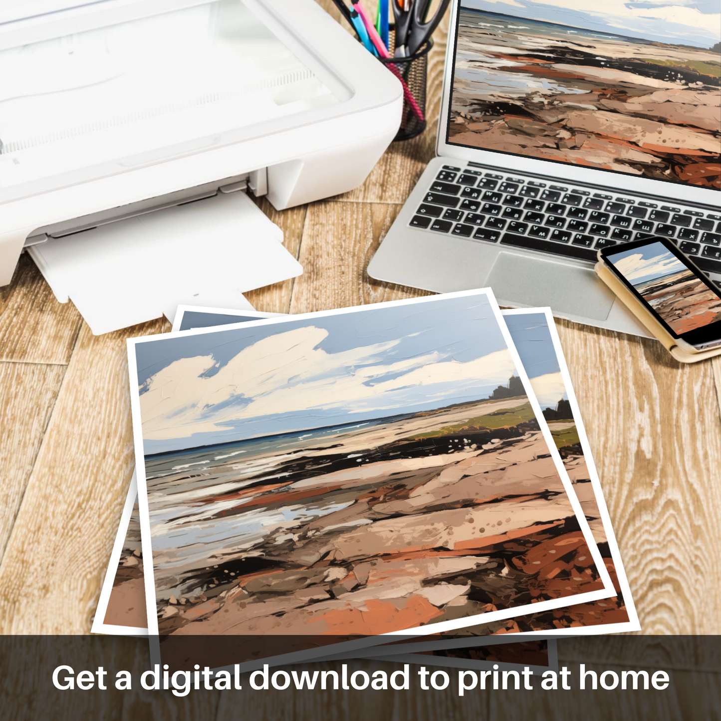 Downloadable and printable picture of Longniddry Beach, East Lothian in summer