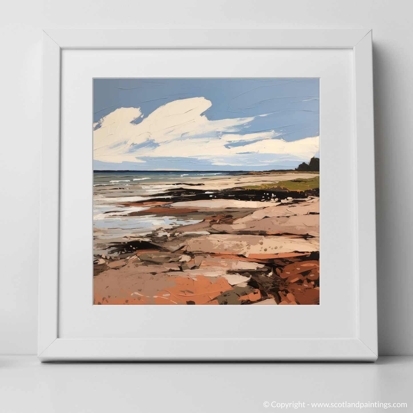 Art Print of Longniddry Beach, East Lothian in summer with a white frame