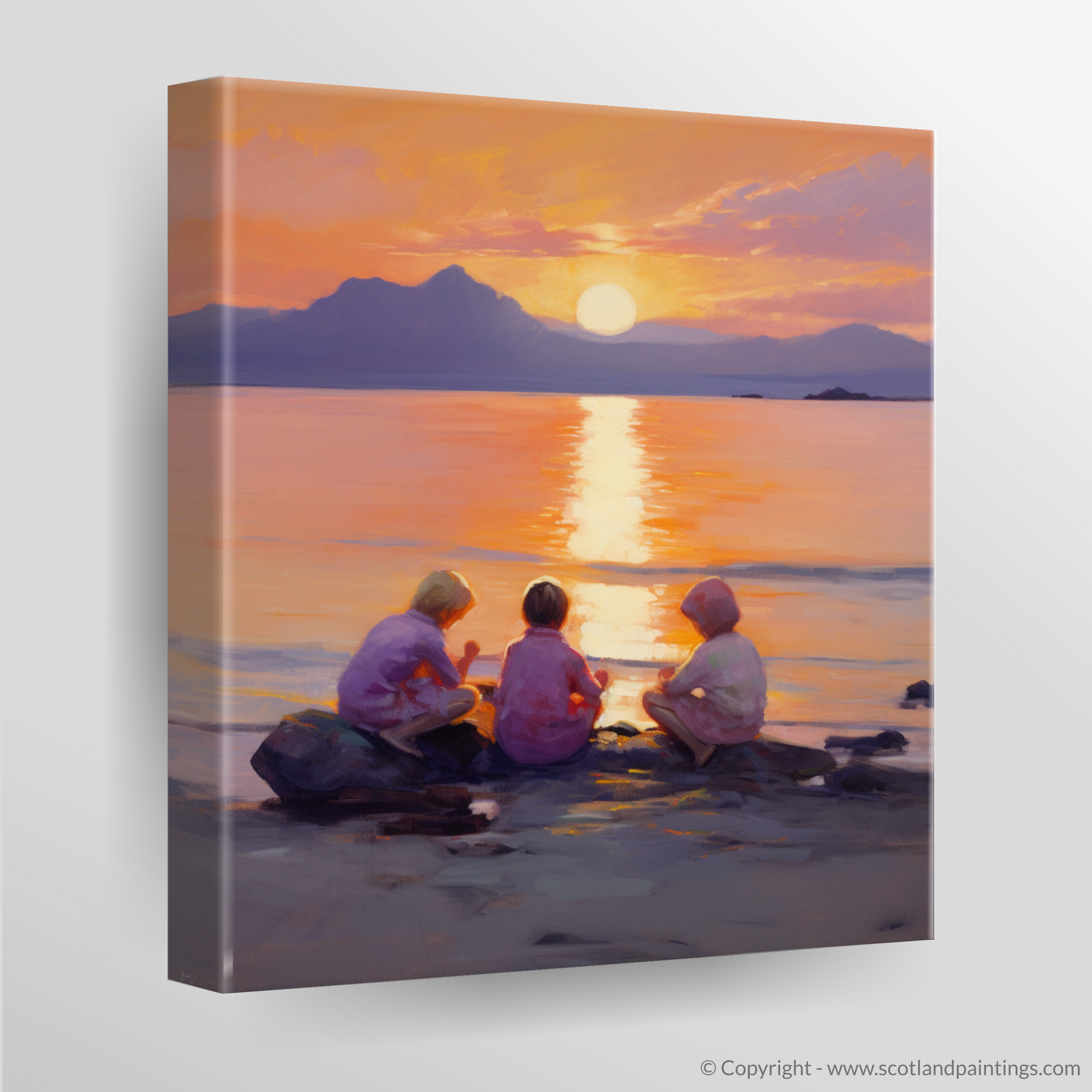 Canvas Print of Young explorers watching the sunset over the Isle of Arran from the peaceful Saltcoats Beach