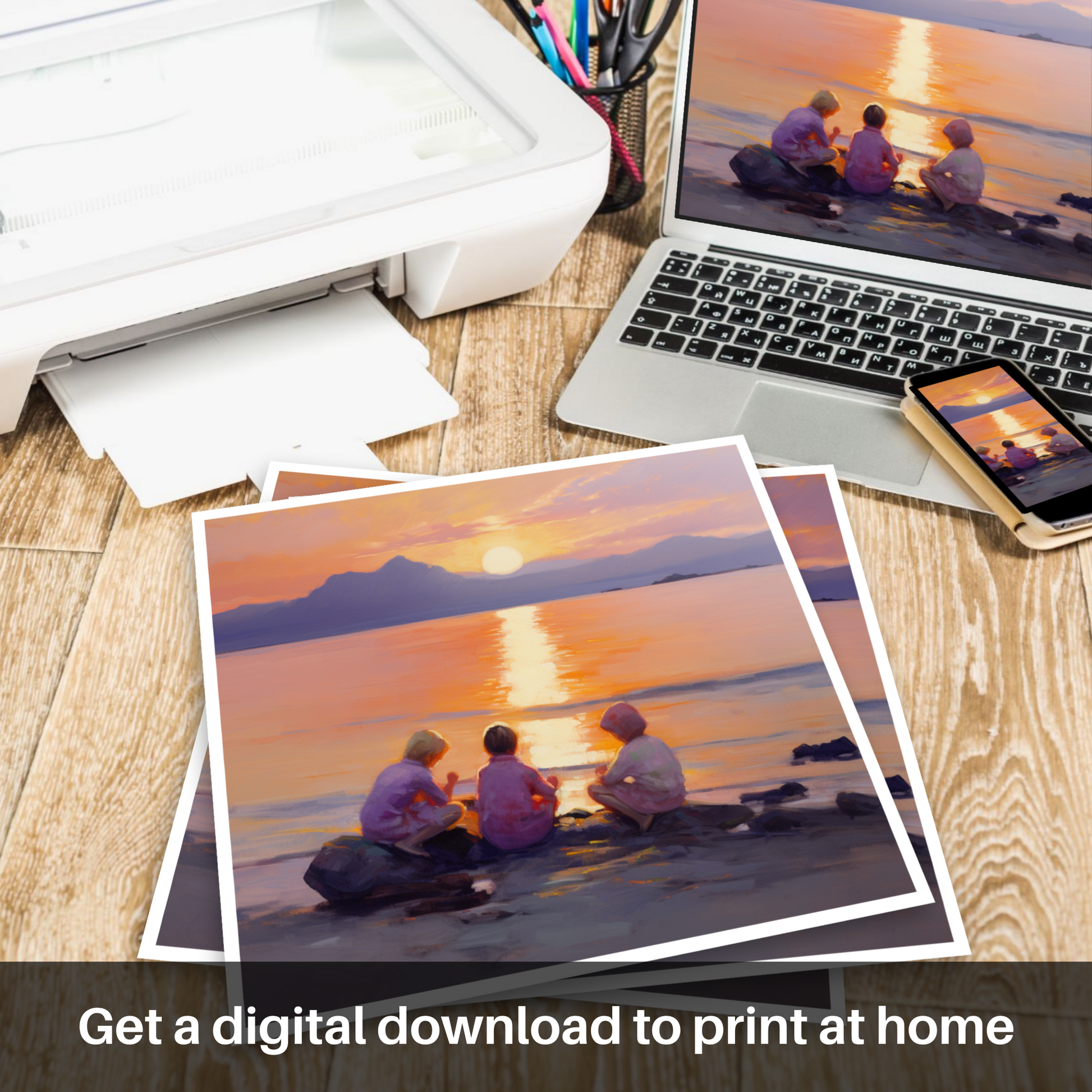 Downloadable and printable picture of Young explorers watching the sunset over the Isle of Arran from the peaceful Saltcoats Beach