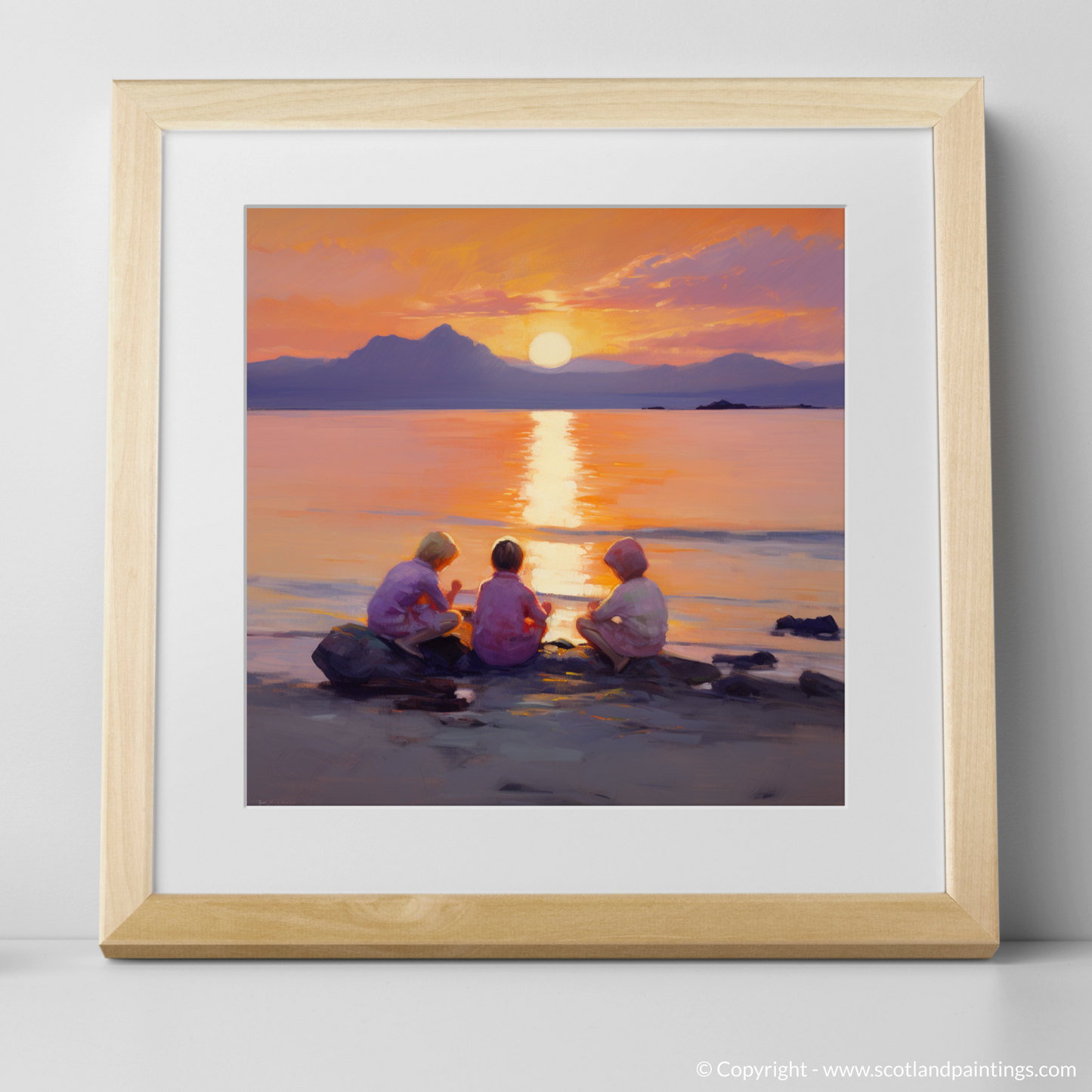 Art Print of Young explorers watching the sunset over the Isle of Arran from the peaceful Saltcoats Beach with a natural frame
