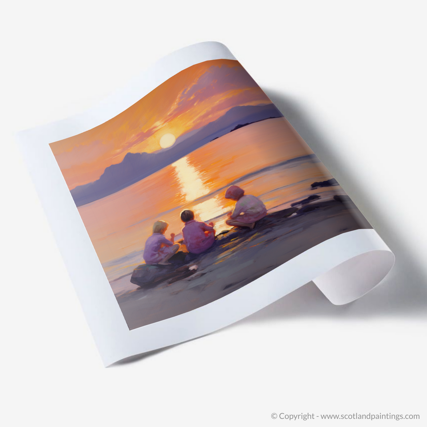 Art Print of Young explorers watching the sunset over the Isle of Arran from the peaceful Saltcoats Beach