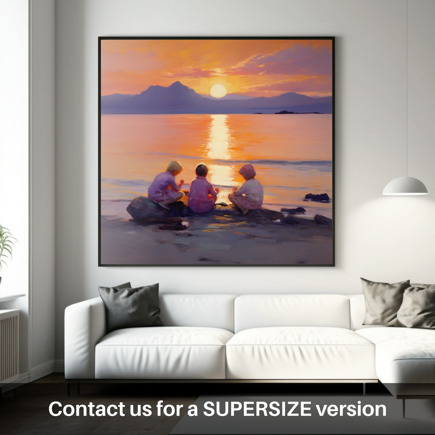 Huge supersize print of Young explorers watching the sunset over the Isle of Arran from the peaceful Saltcoats Beach