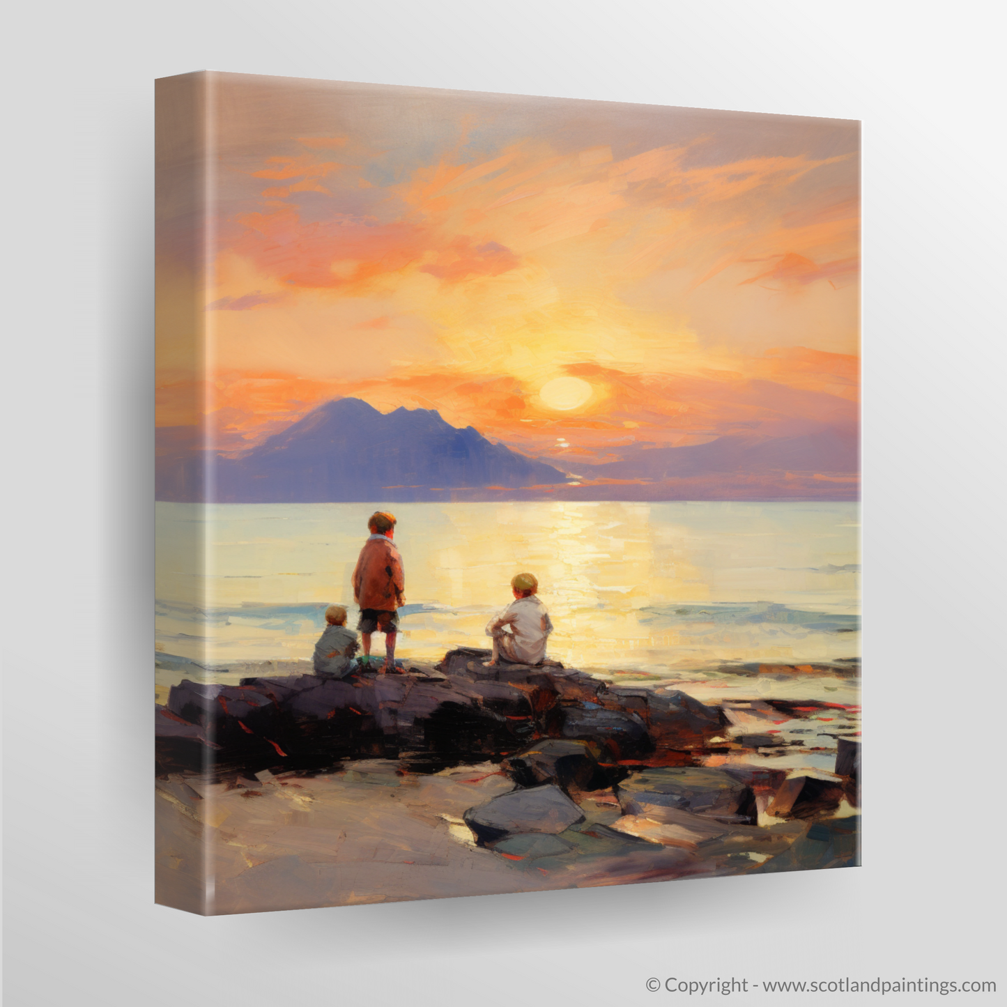 Canvas Print of Young explorers watching the sunset over the Isle of Arran from the peaceful Saltcoats Beach