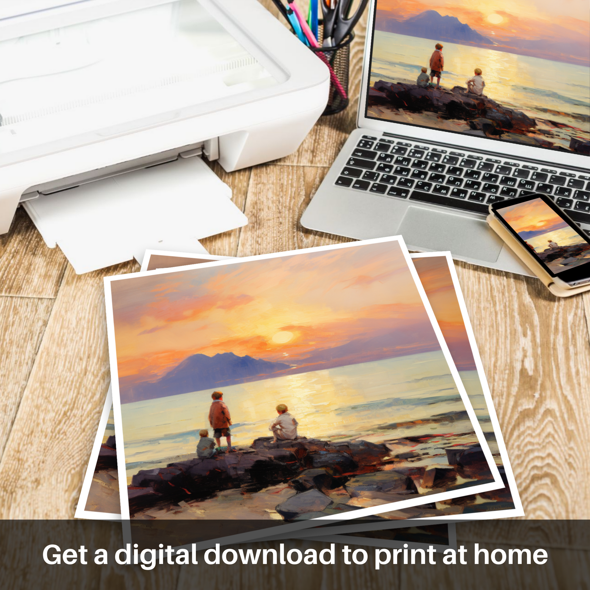 Downloadable and printable picture of Young explorers watching the sunset over the Isle of Arran from the peaceful Saltcoats Beach