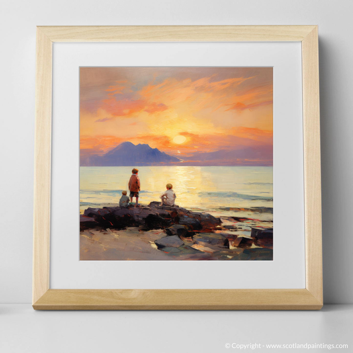 Art Print of Young explorers watching the sunset over the Isle of Arran from the peaceful Saltcoats Beach with a natural frame