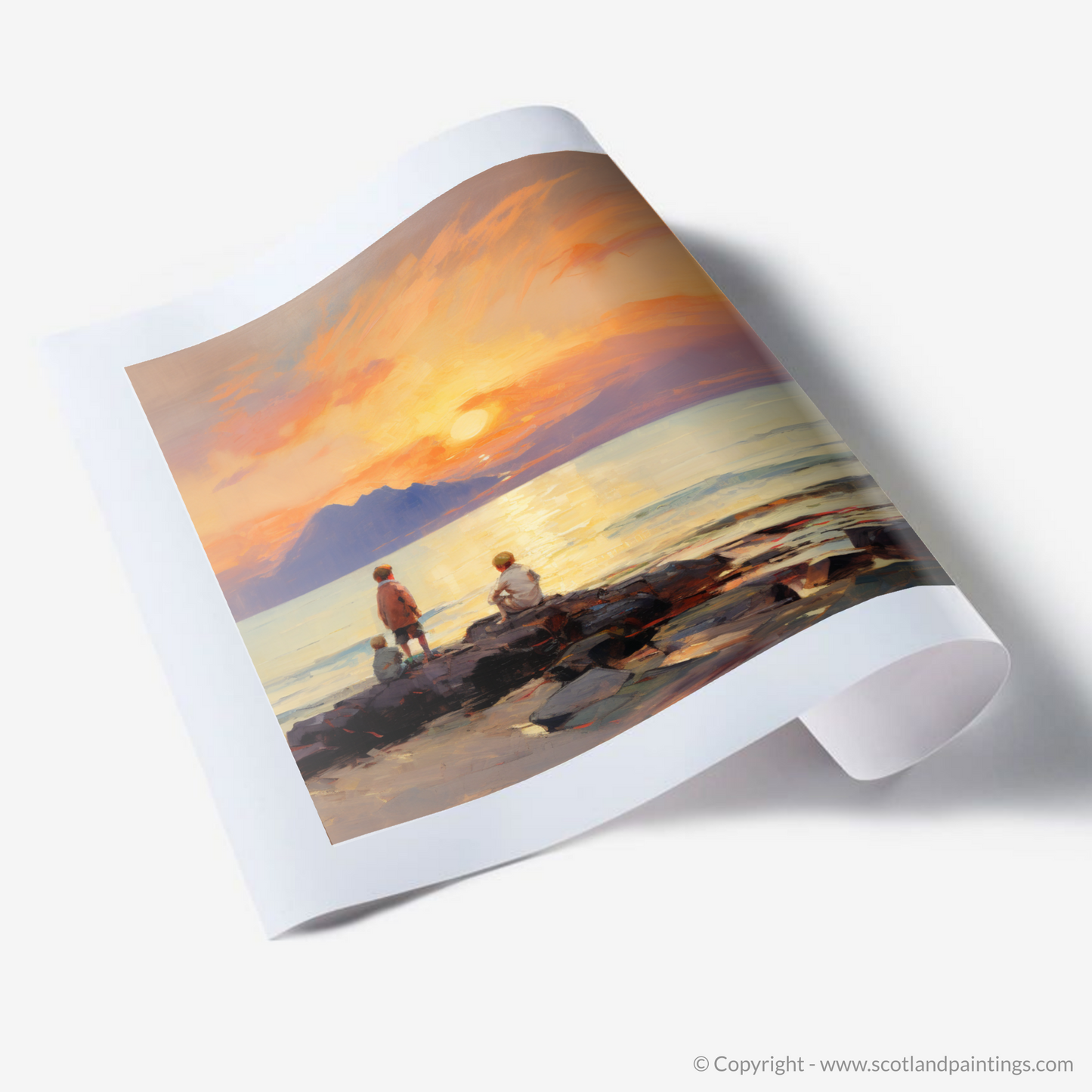 Art Print of Young explorers watching the sunset over the Isle of Arran from the peaceful Saltcoats Beach