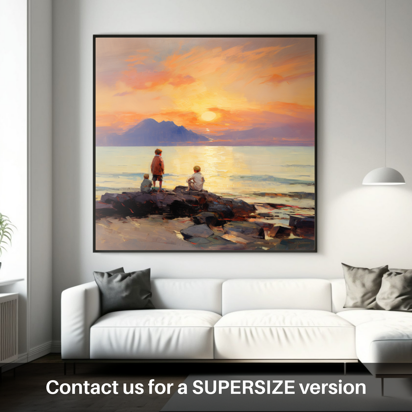 Huge supersize print of Young explorers watching the sunset over the Isle of Arran from the peaceful Saltcoats Beach