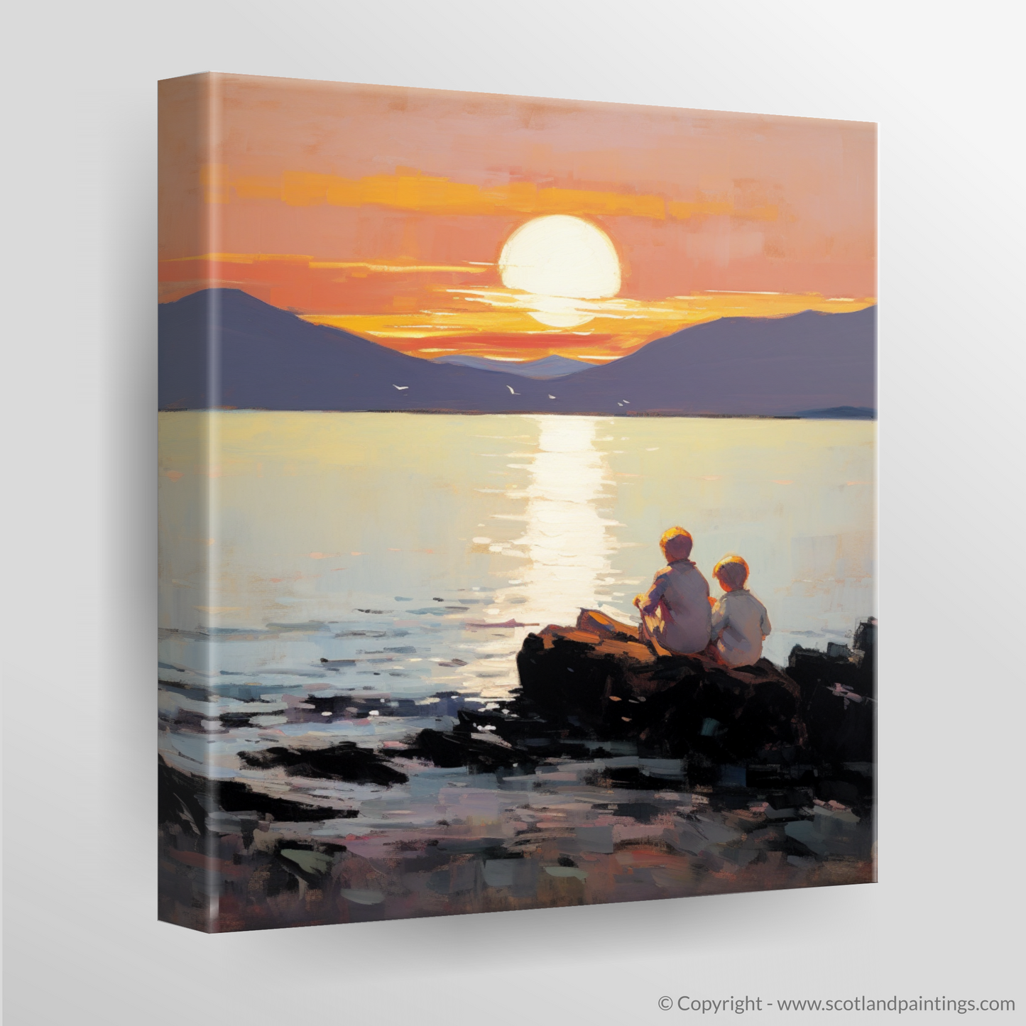 Canvas Print of Young explorers watching the sunset over the Isle of Arran from the peaceful Saltcoats Beach