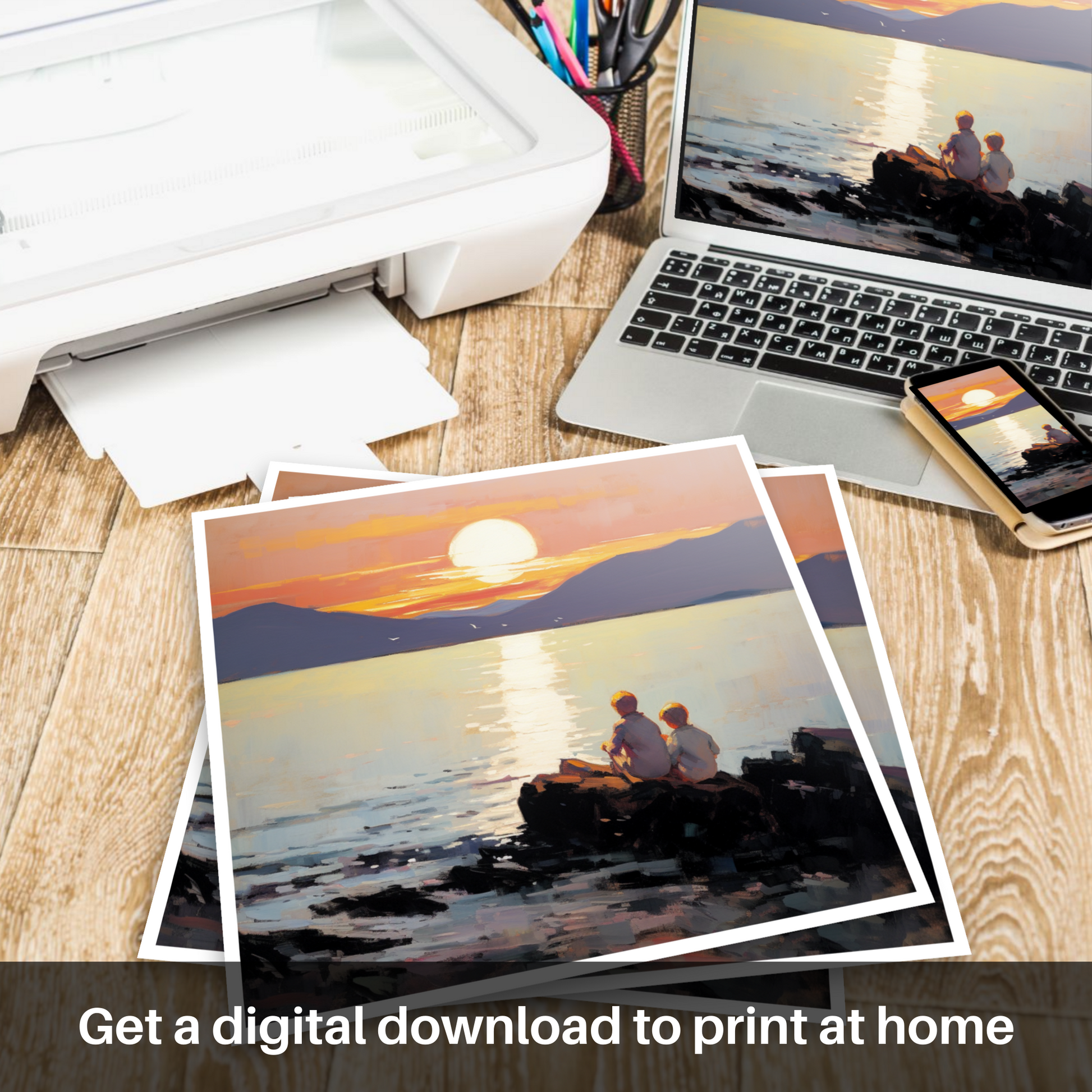 Downloadable and printable picture of Young explorers watching the sunset over the Isle of Arran from the peaceful Saltcoats Beach