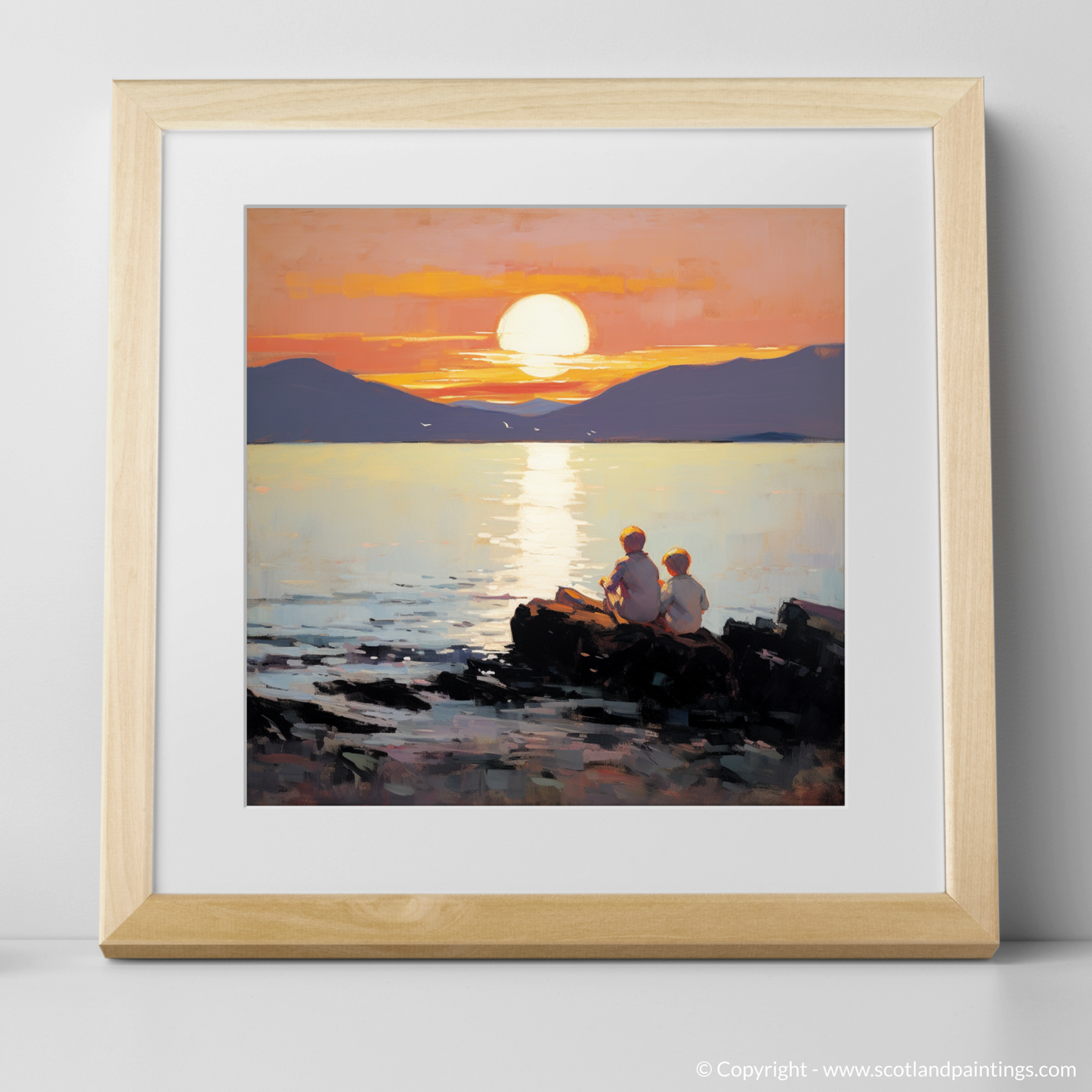 Art Print of Young explorers watching the sunset over the Isle of Arran from the peaceful Saltcoats Beach with a natural frame