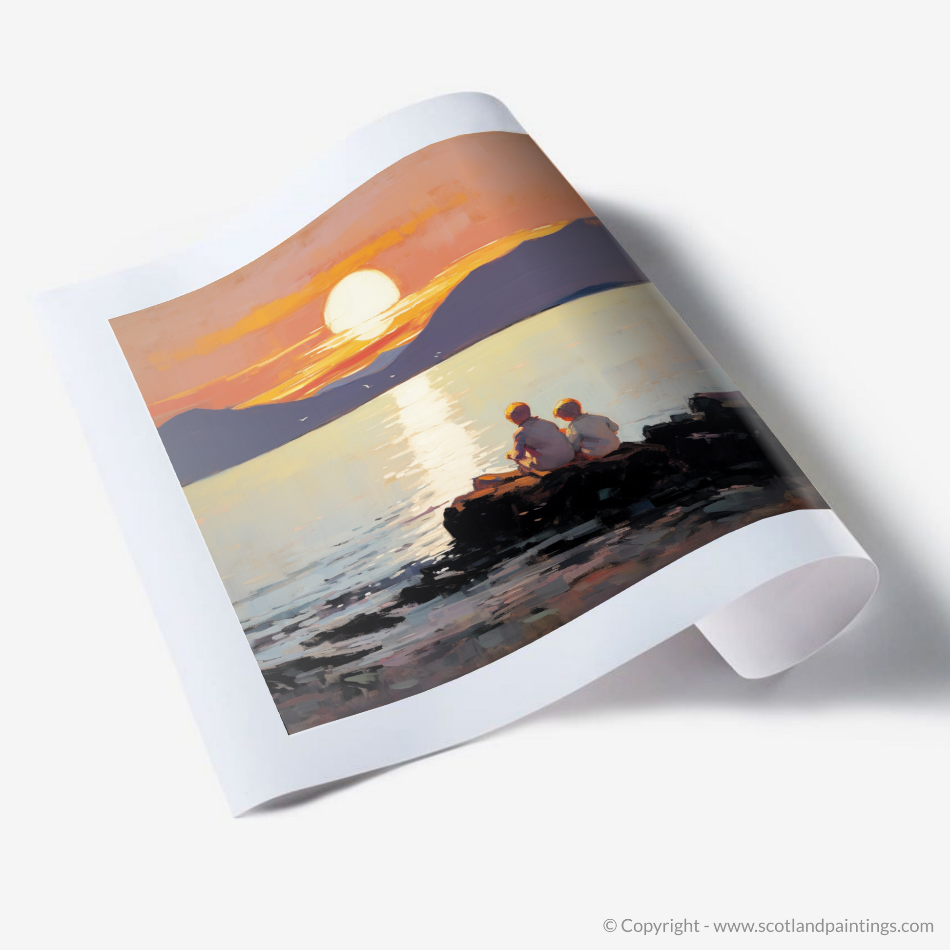 Art Print of Young explorers watching the sunset over the Isle of Arran from the peaceful Saltcoats Beach