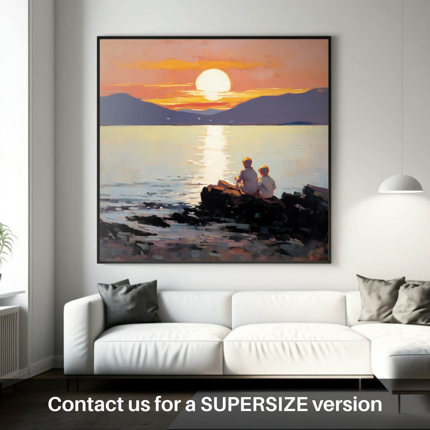 Huge supersize print of Young explorers watching the sunset over the Isle of Arran from the peaceful Saltcoats Beach