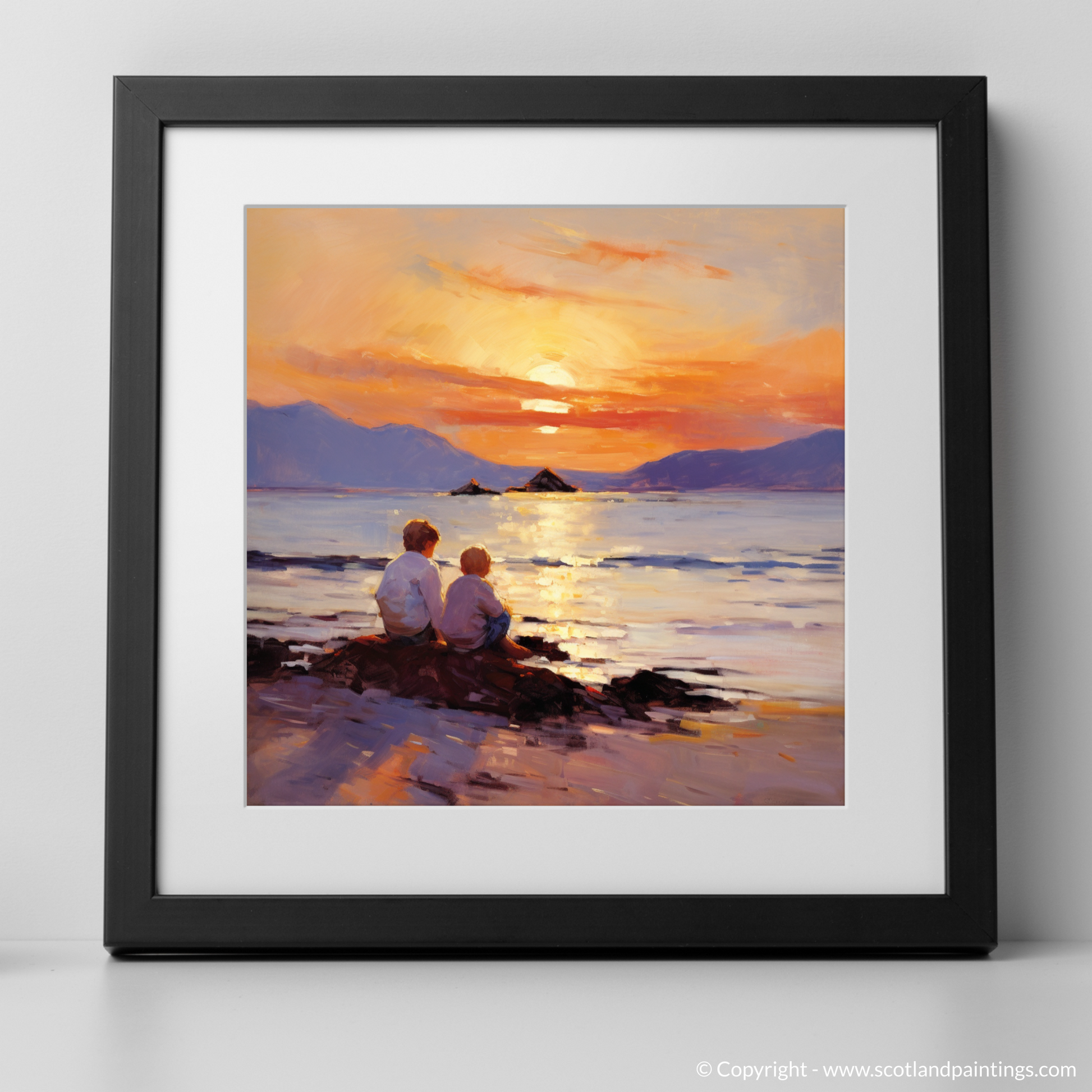 Art Print of Young explorers watching the sunset over the Isle of Arran from the peaceful Saltcoats Beach with a black frame