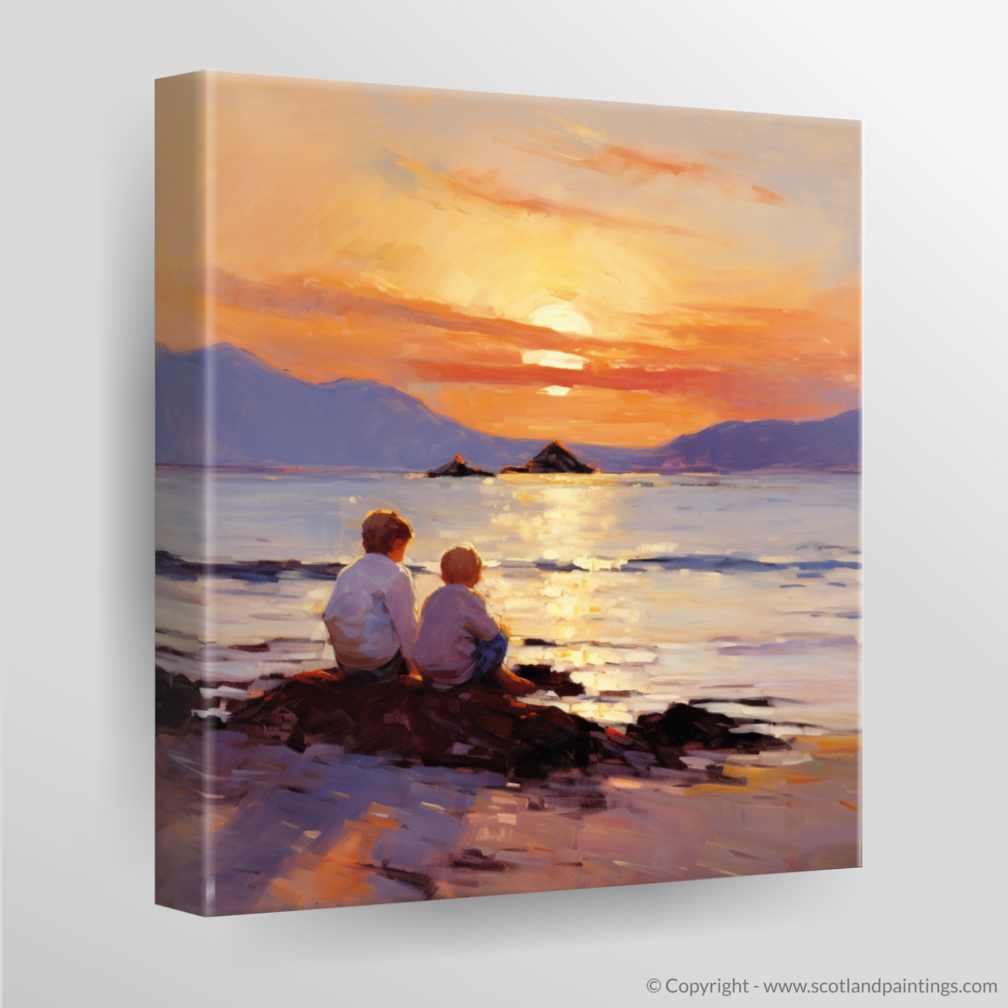 Canvas Print of Young explorers watching the sunset over the Isle of Arran from the peaceful Saltcoats Beach