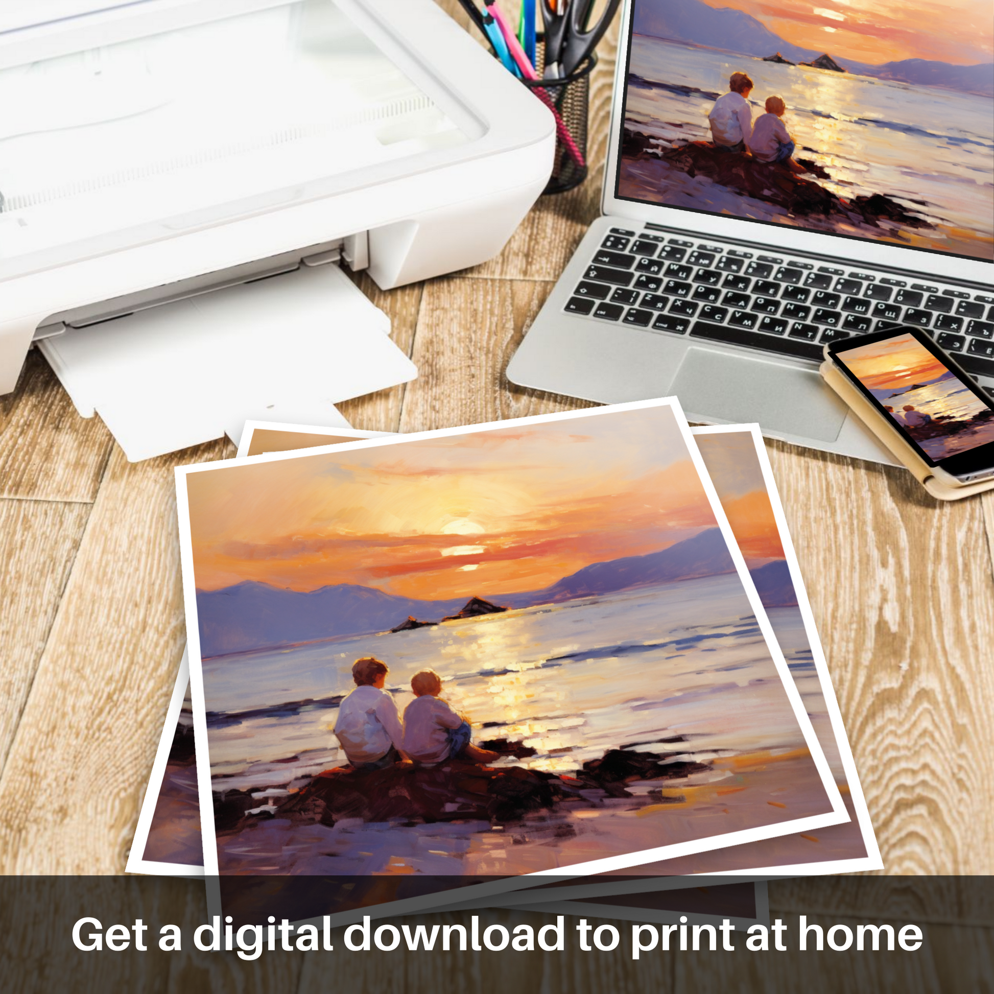 Downloadable and printable picture of Young explorers watching the sunset over the Isle of Arran from the peaceful Saltcoats Beach