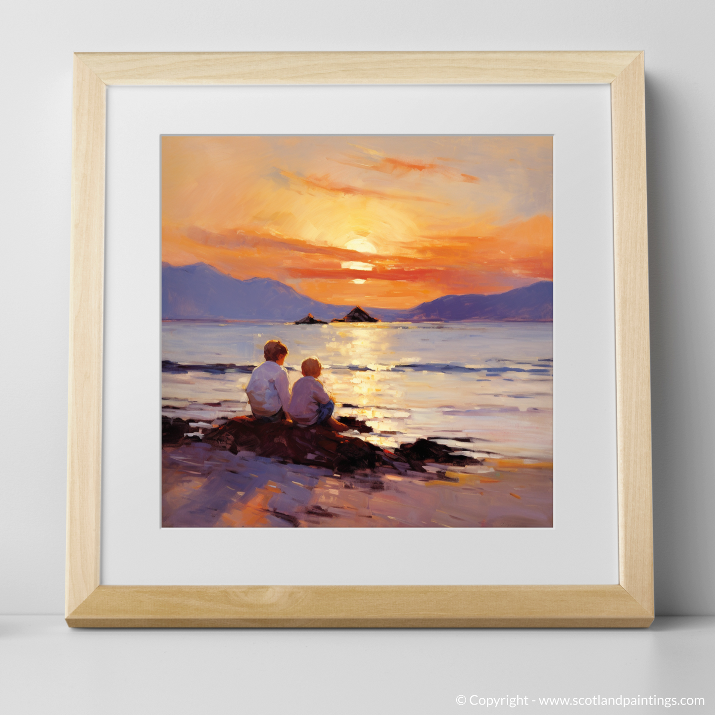 Art Print of Young explorers watching the sunset over the Isle of Arran from the peaceful Saltcoats Beach with a natural frame