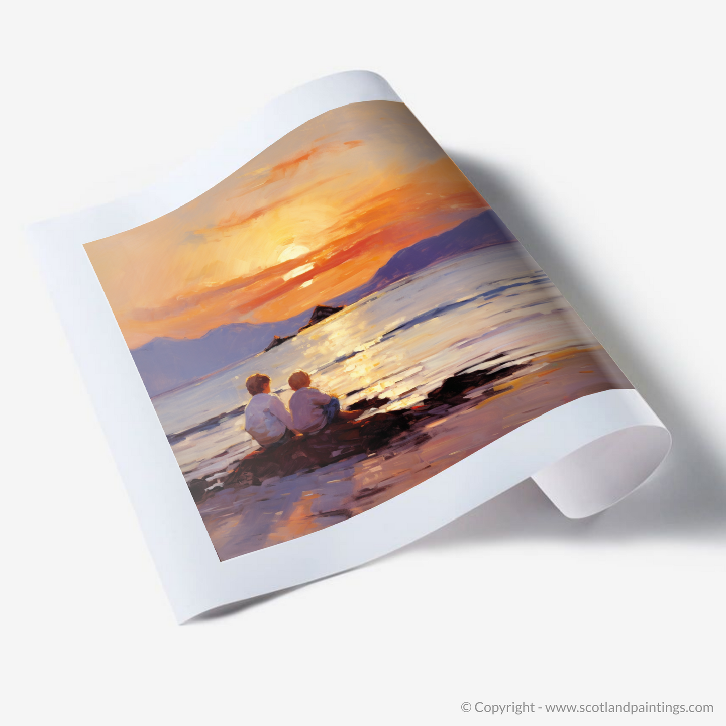 Art Print of Young explorers watching the sunset over the Isle of Arran from the peaceful Saltcoats Beach