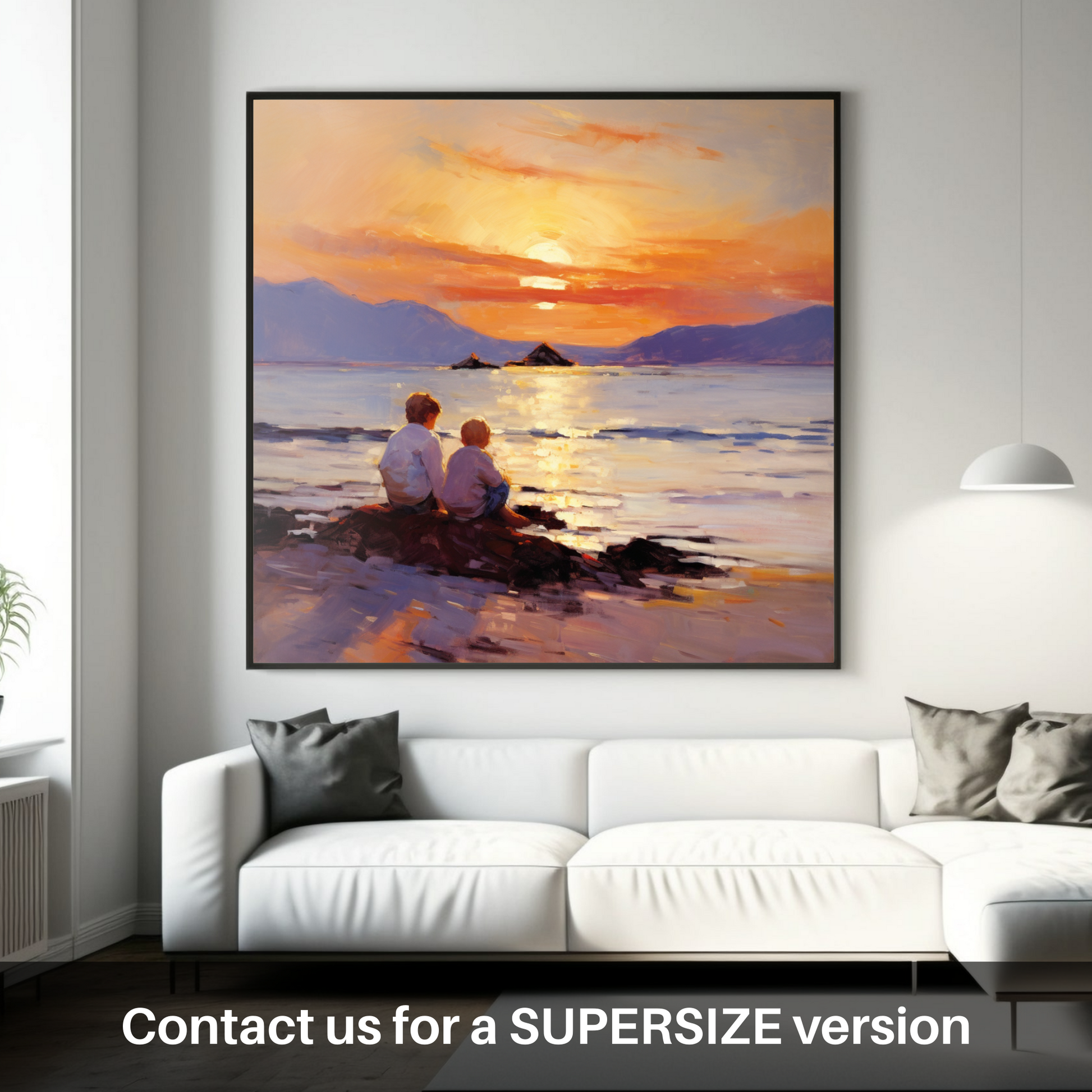 Huge supersize print of Young explorers watching the sunset over the Isle of Arran from the peaceful Saltcoats Beach