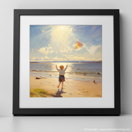 Art Print of A young boy flying a kite on the expansive shores of Nairn Beach, with the Moray Firth sparkling in the sunlight with a black frame