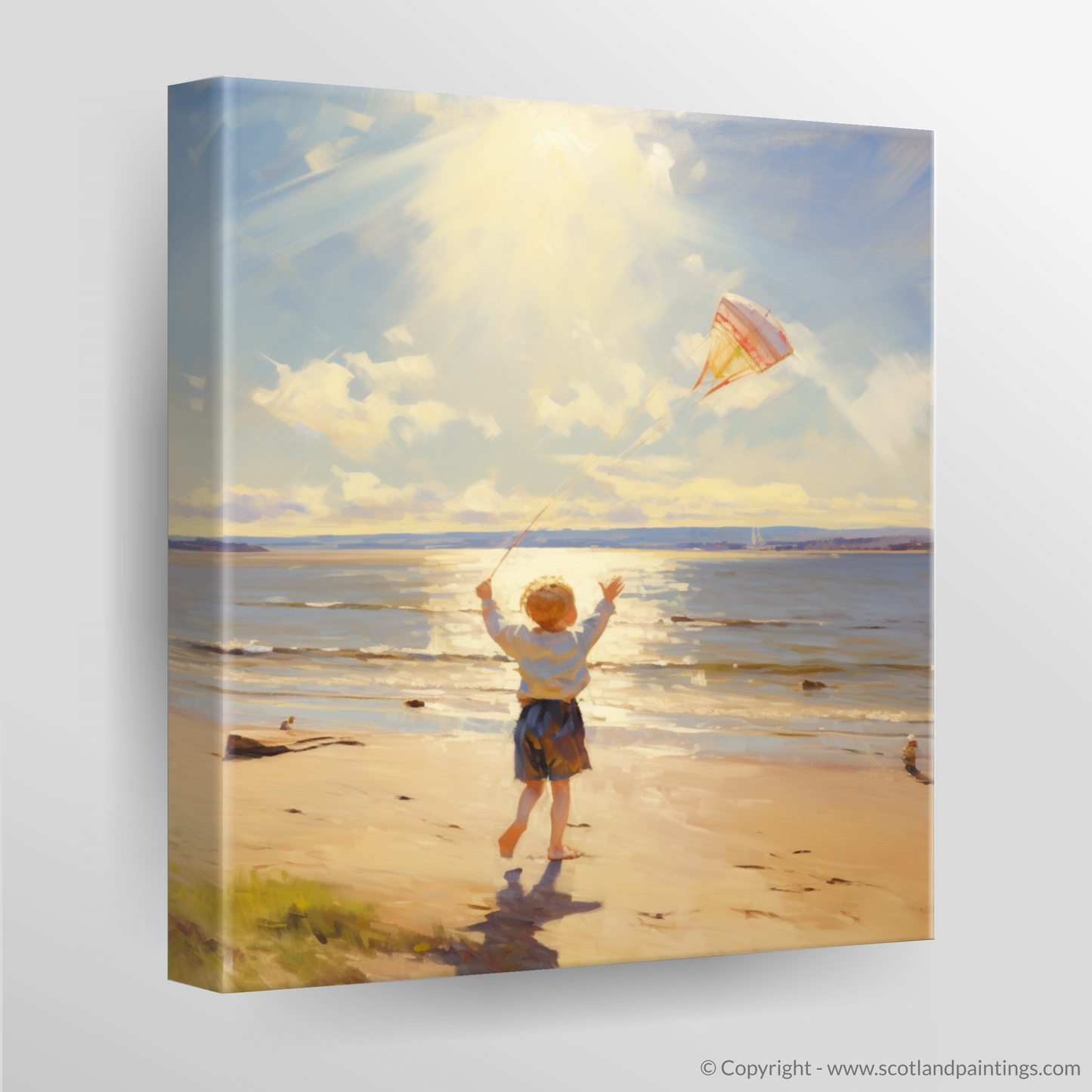 Canvas Print of A young boy flying a kite on the expansive shores of Nairn Beach, with the Moray Firth sparkling in the sunlight