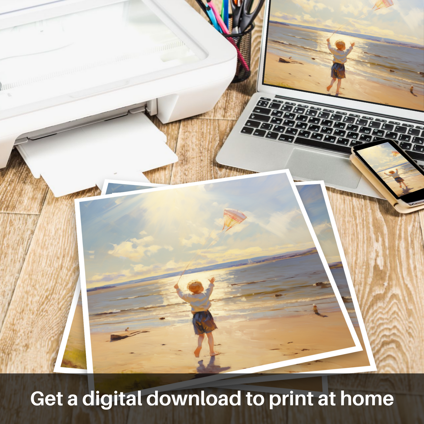 Downloadable and printable picture of A young boy flying a kite on the expansive shores of Nairn Beach, with the Moray Firth sparkling in the sunlight