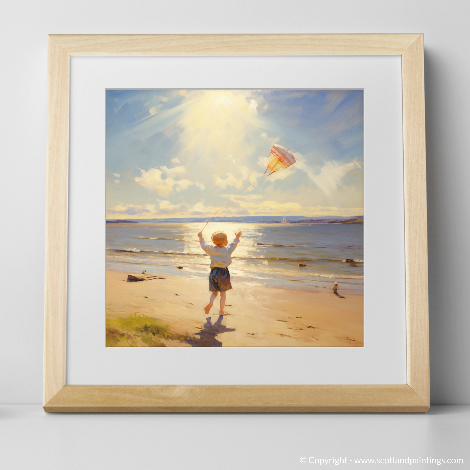 Art Print of A young boy flying a kite on the expansive shores of Nairn Beach, with the Moray Firth sparkling in the sunlight with a natural frame