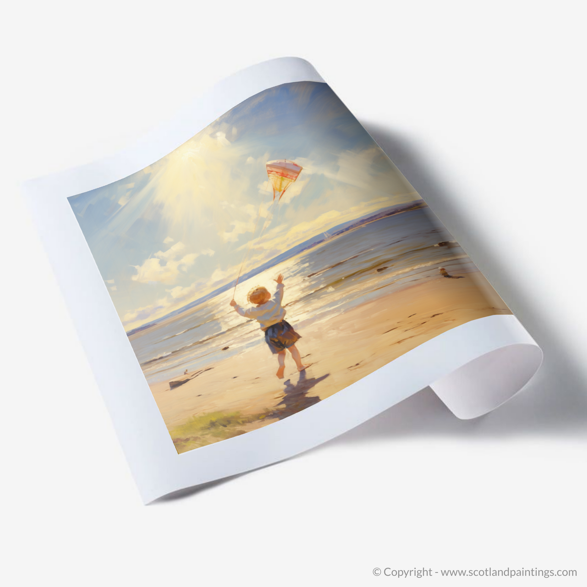 Art Print of A young boy flying a kite on the expansive shores of Nairn Beach, with the Moray Firth sparkling in the sunlight