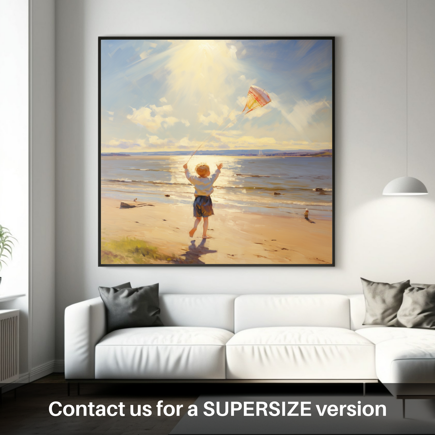 Huge supersize print of A young boy flying a kite on the expansive shores of Nairn Beach, with the Moray Firth sparkling in the sunlight