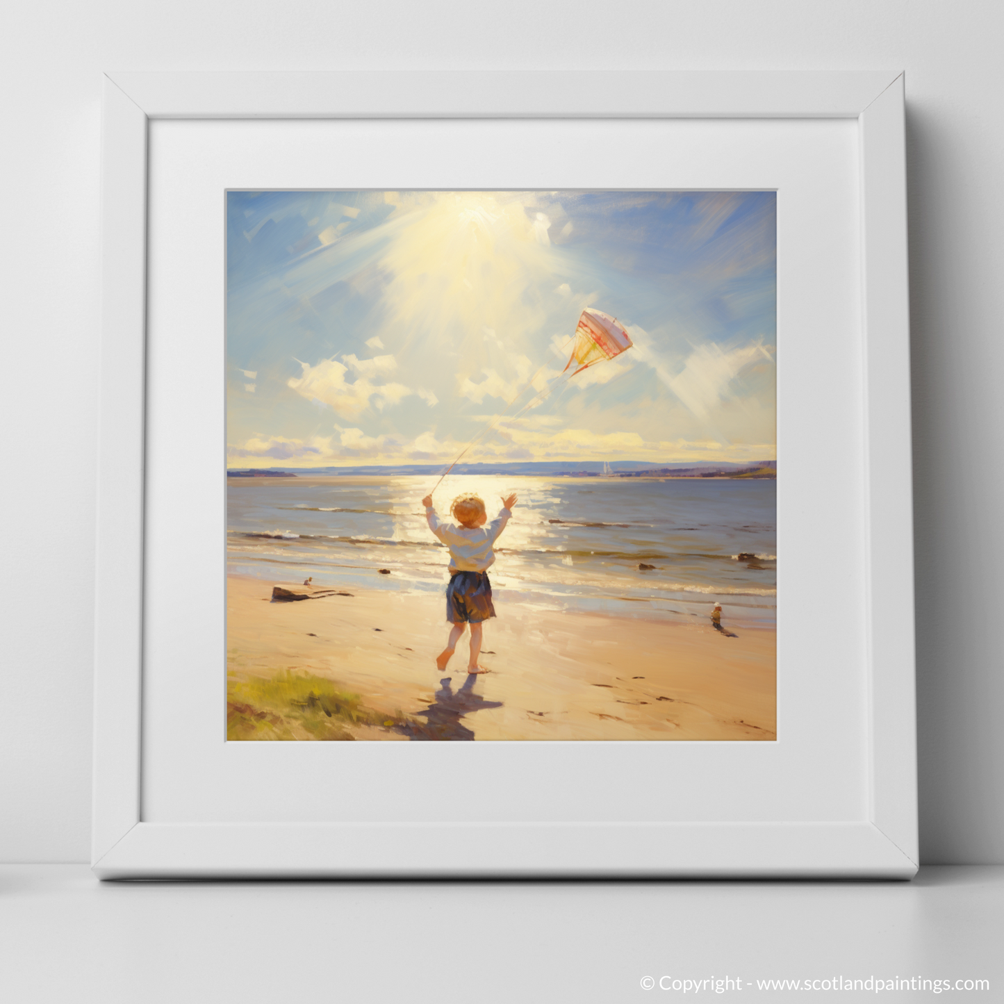 Art Print of A young boy flying a kite on the expansive shores of Nairn Beach, with the Moray Firth sparkling in the sunlight with a white frame