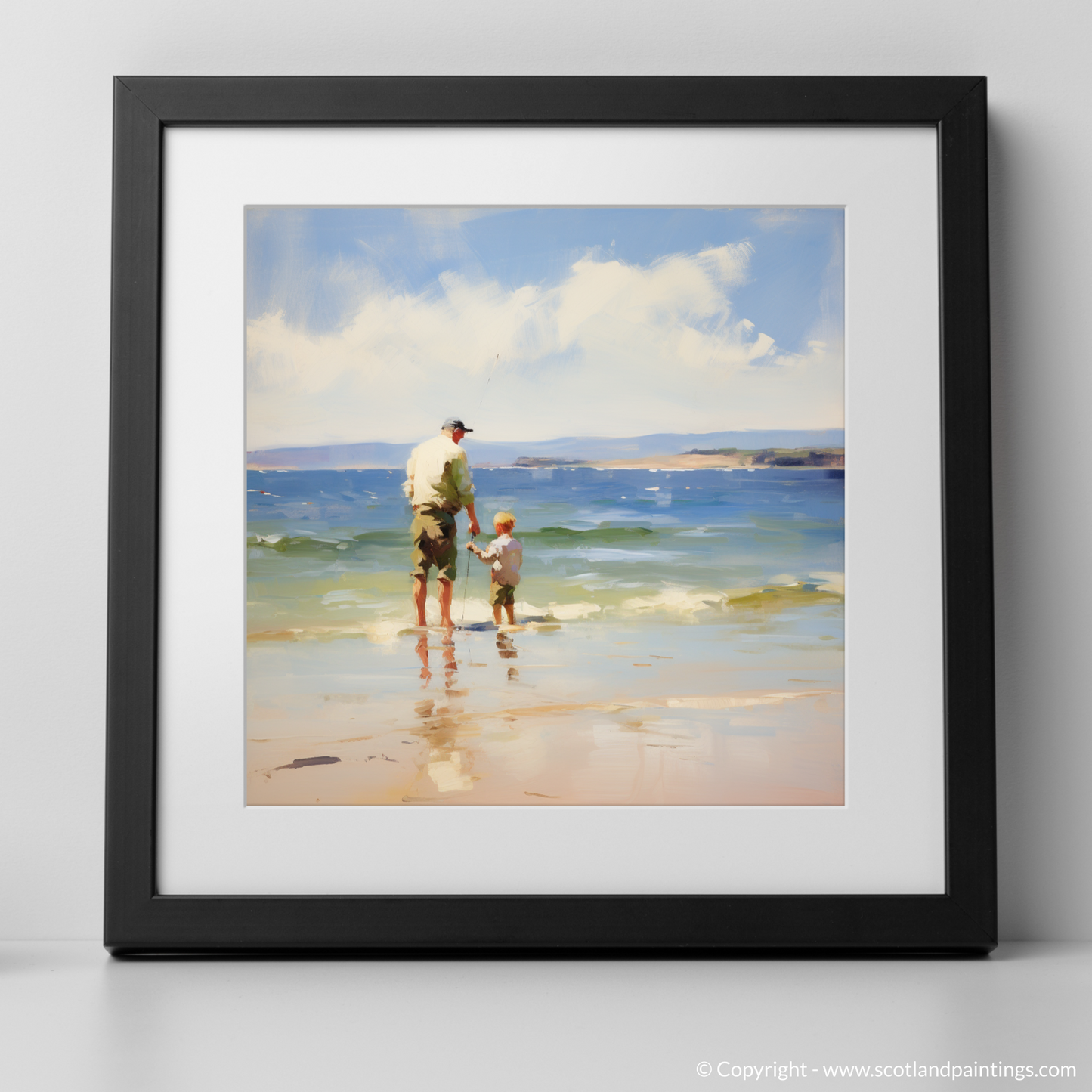 Art Print of A dad and son fishing at Rosemarkie Beach with a black frame
