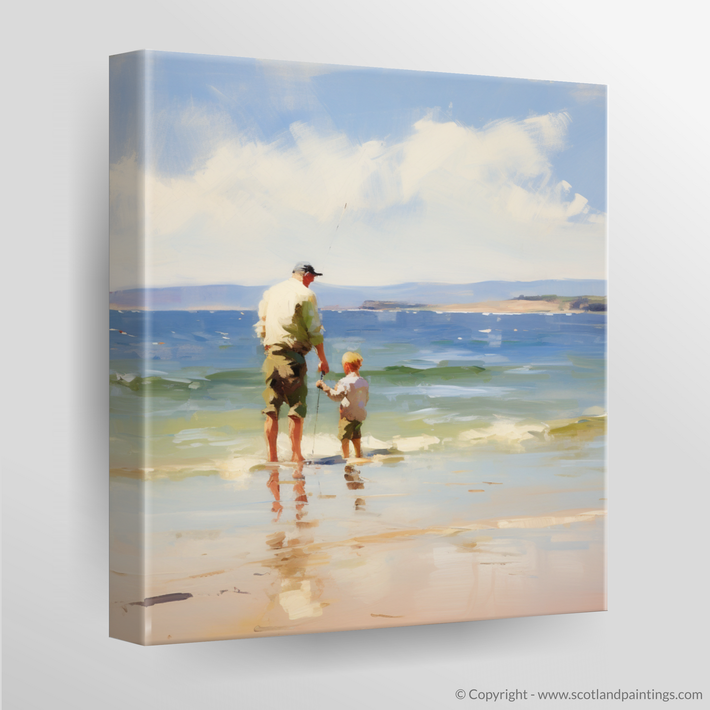 Canvas Print of A dad and son fishing at Rosemarkie Beach