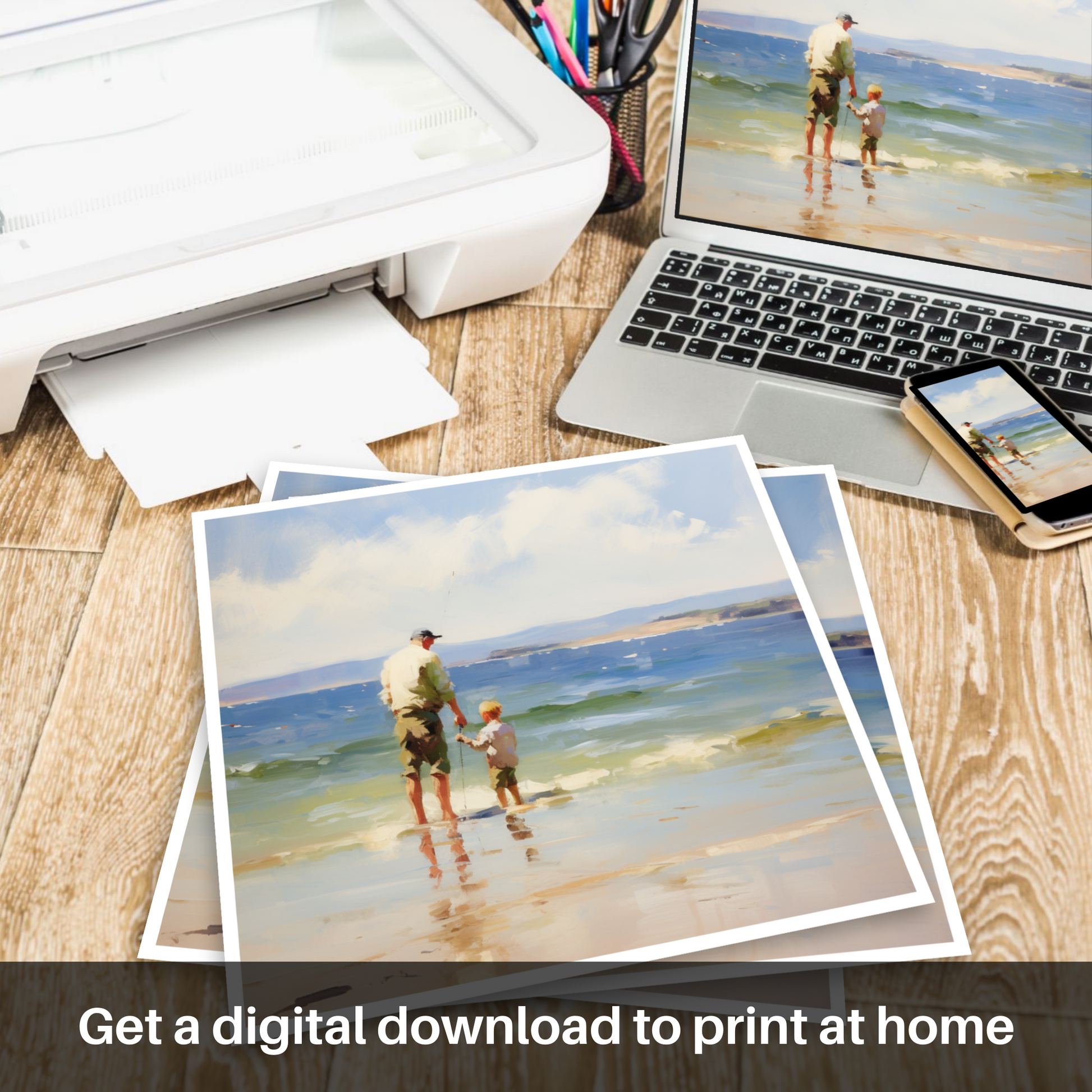 Downloadable and printable picture of A dad and son fishing at Rosemarkie Beach