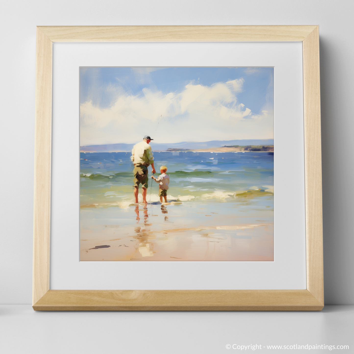 Art Print of A dad and son fishing at Rosemarkie Beach with a natural frame