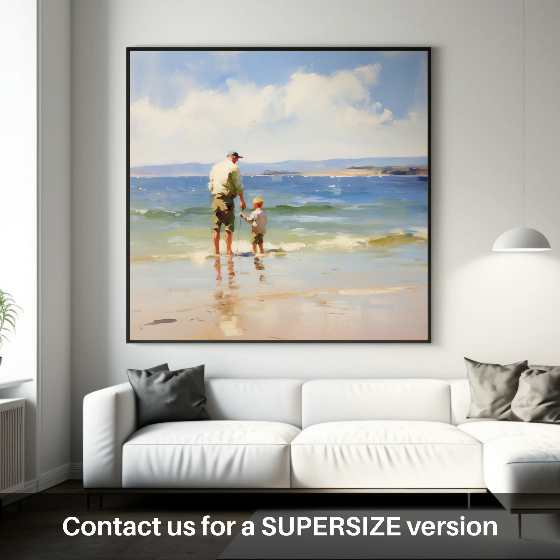 Huge supersize print of A dad and son fishing at Rosemarkie Beach