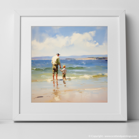 Art Print of A dad and son fishing at Rosemarkie Beach with a white frame