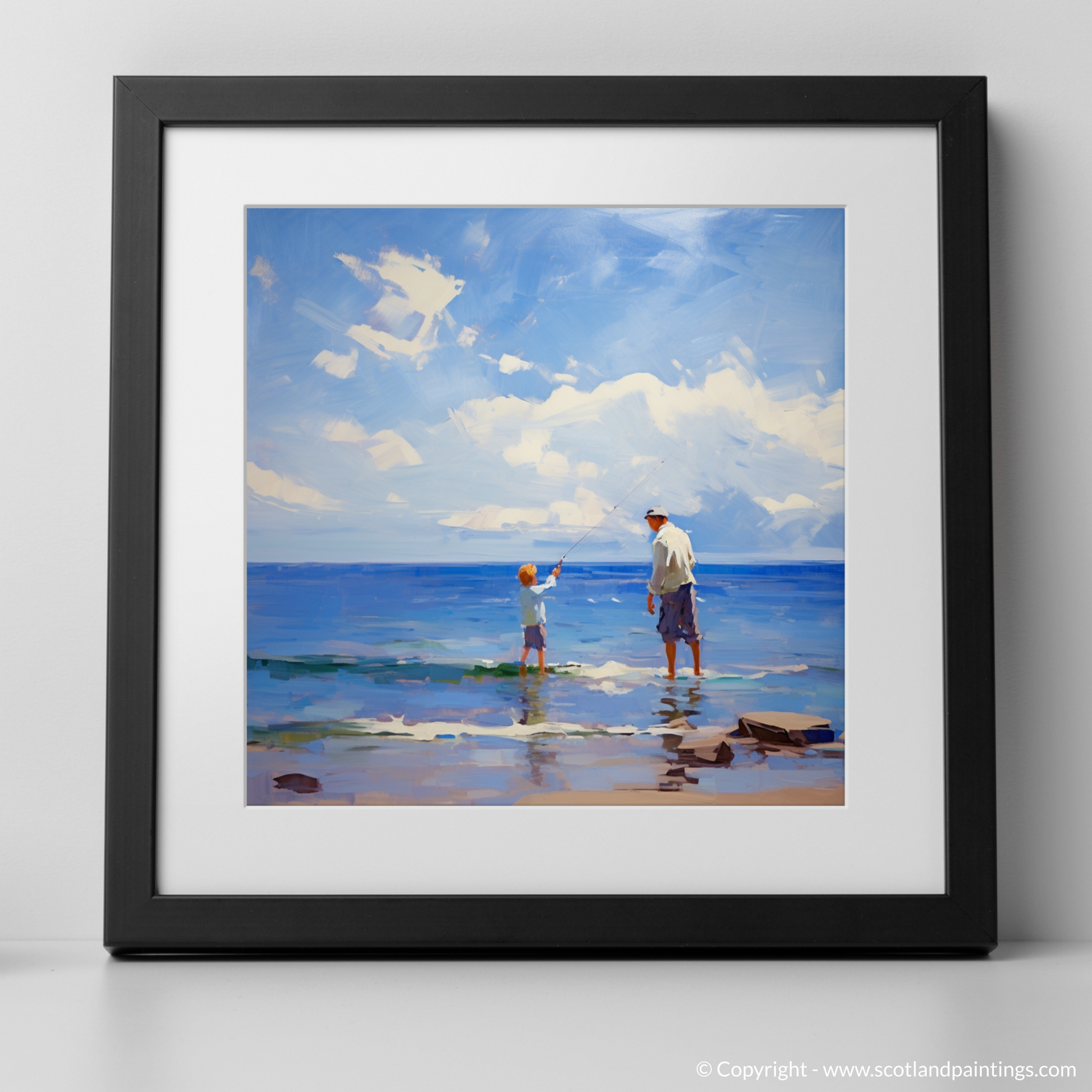 Art Print of A dad and son fishing at Rosemarkie Beach with a black frame