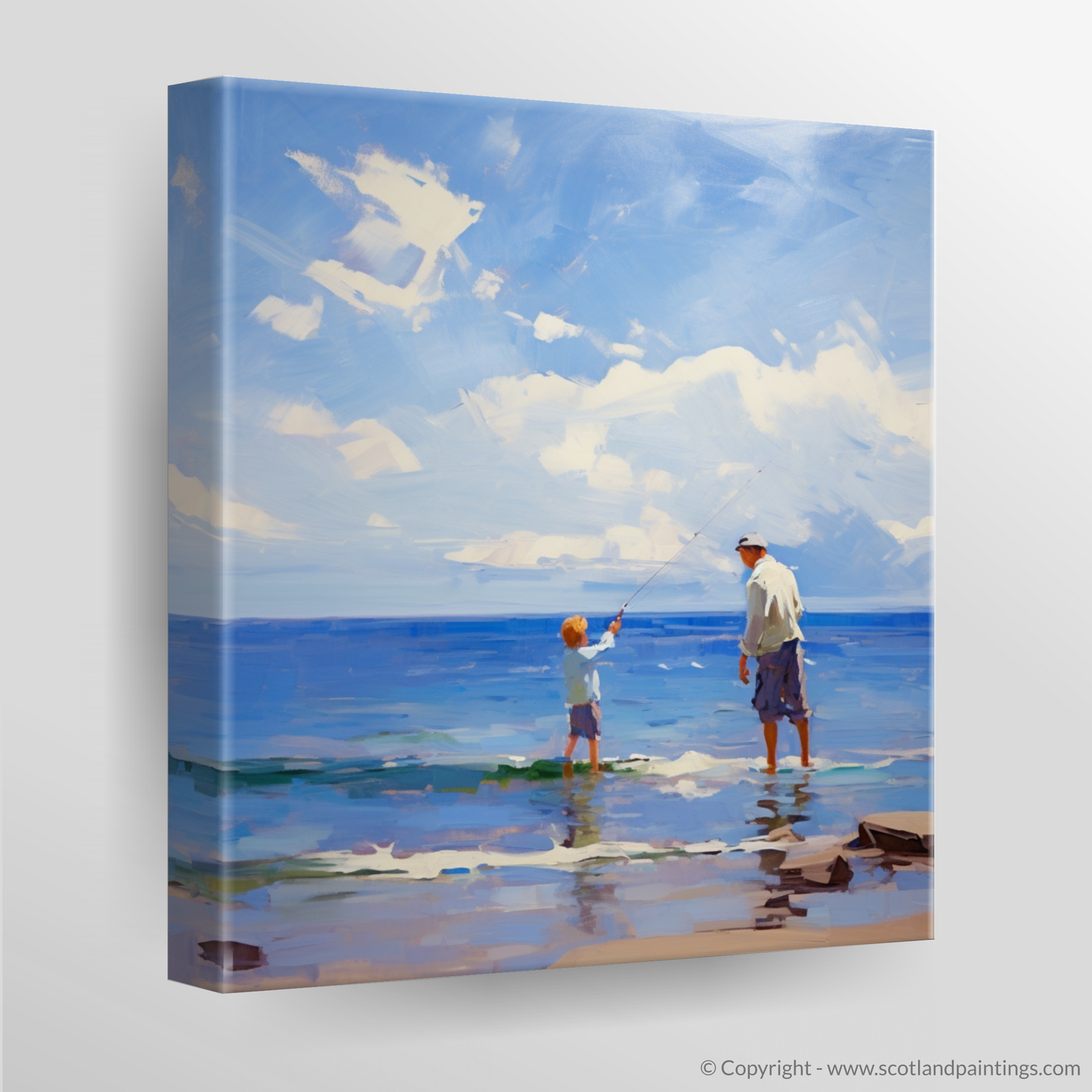 Canvas Print of A dad and son fishing at Rosemarkie Beach