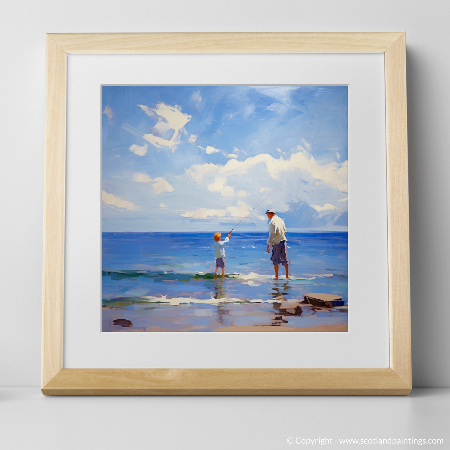 Art Print of A dad and son fishing at Rosemarkie Beach with a natural frame