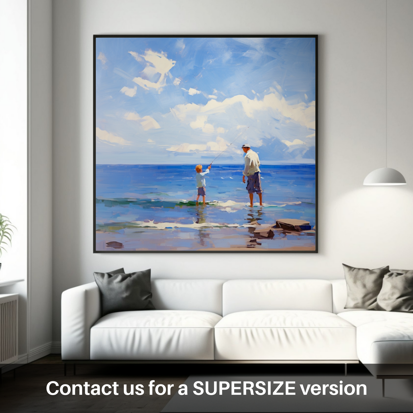 Huge supersize print of A dad and son fishing at Rosemarkie Beach