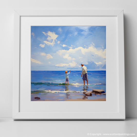 Art Print of A dad and son fishing at Rosemarkie Beach with a white frame
