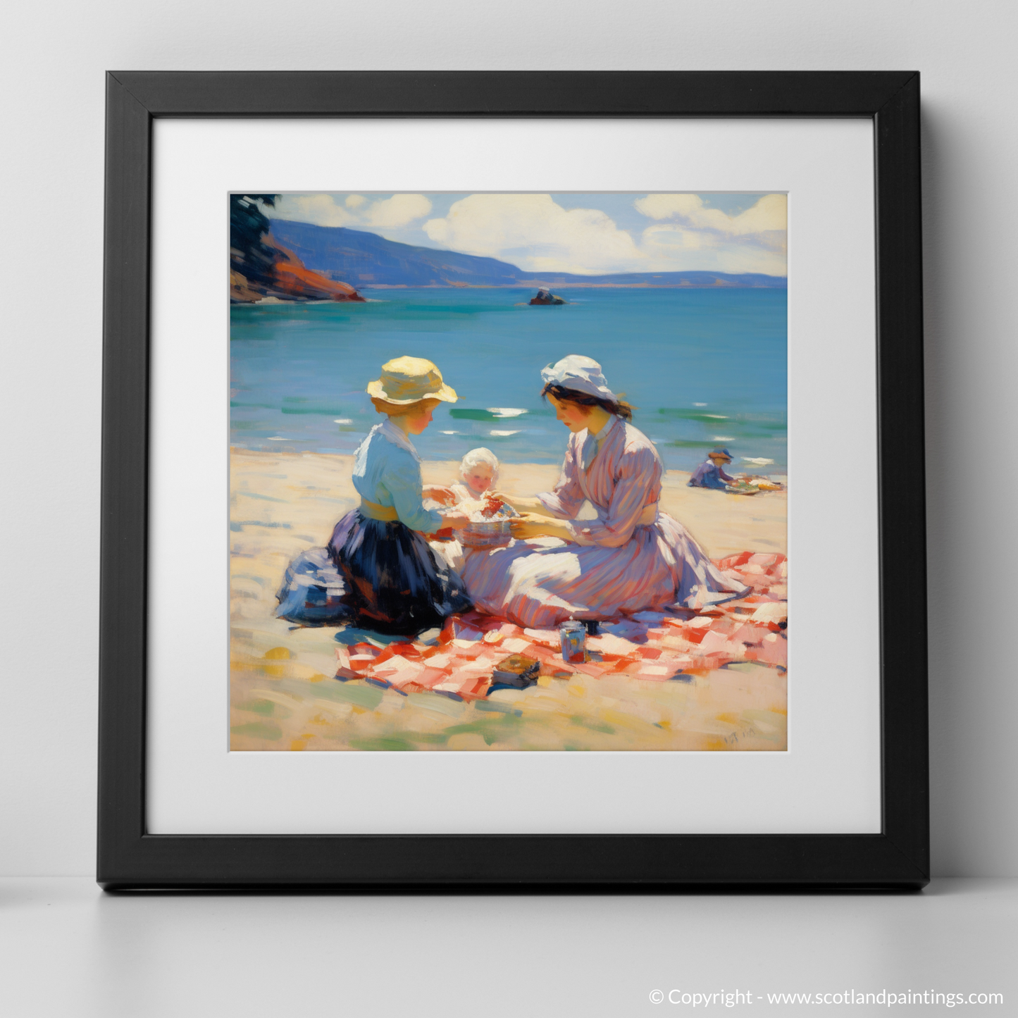 Art Print of A mum and daughter having a picnic at Oban Beach with a black frame