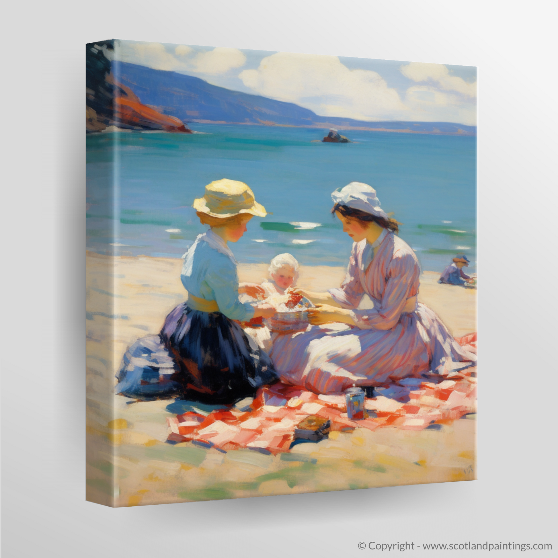 Canvas Print of A mum and daughter having a picnic at Oban Beach