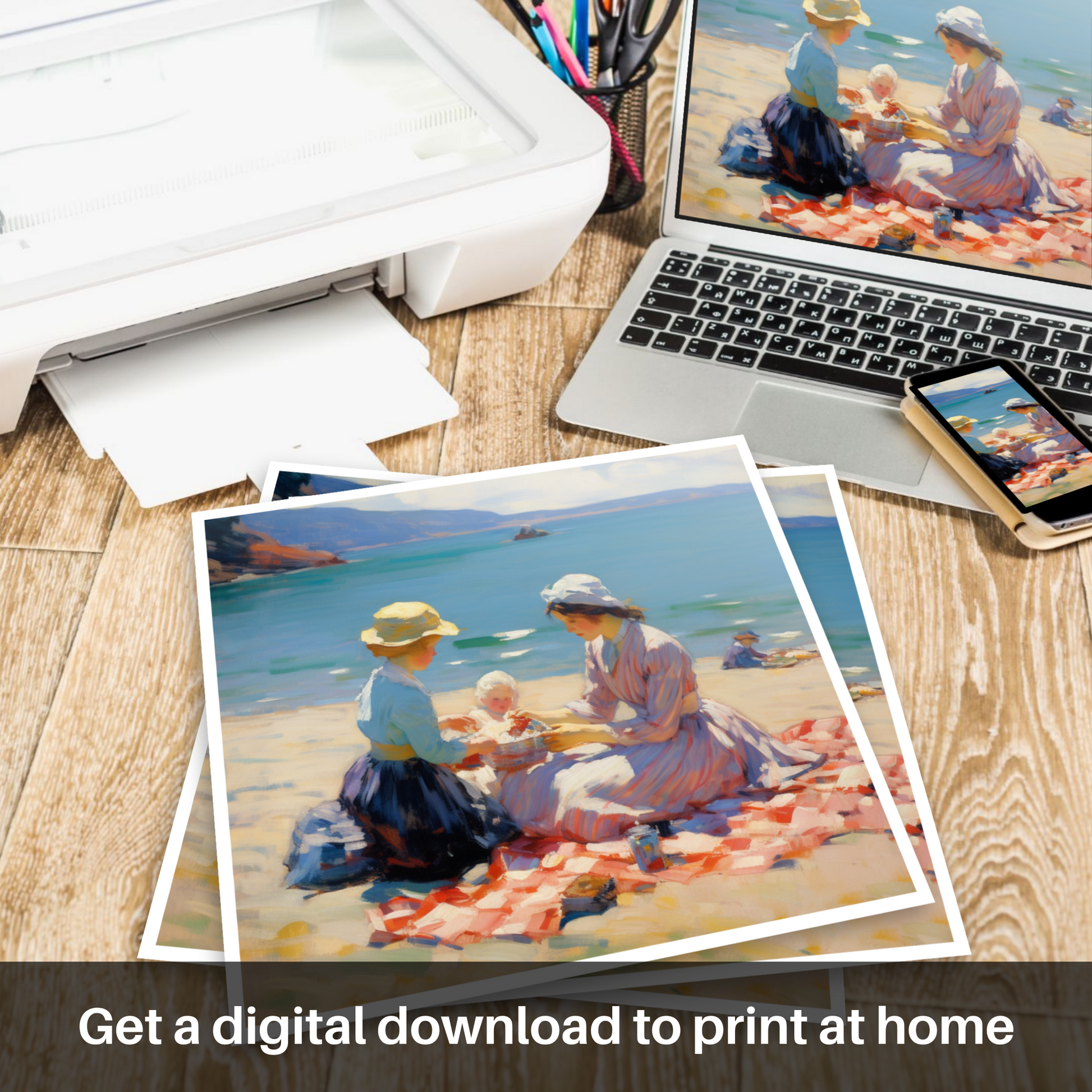 Downloadable and printable picture of A mum and daughter having a picnic at Oban Beach