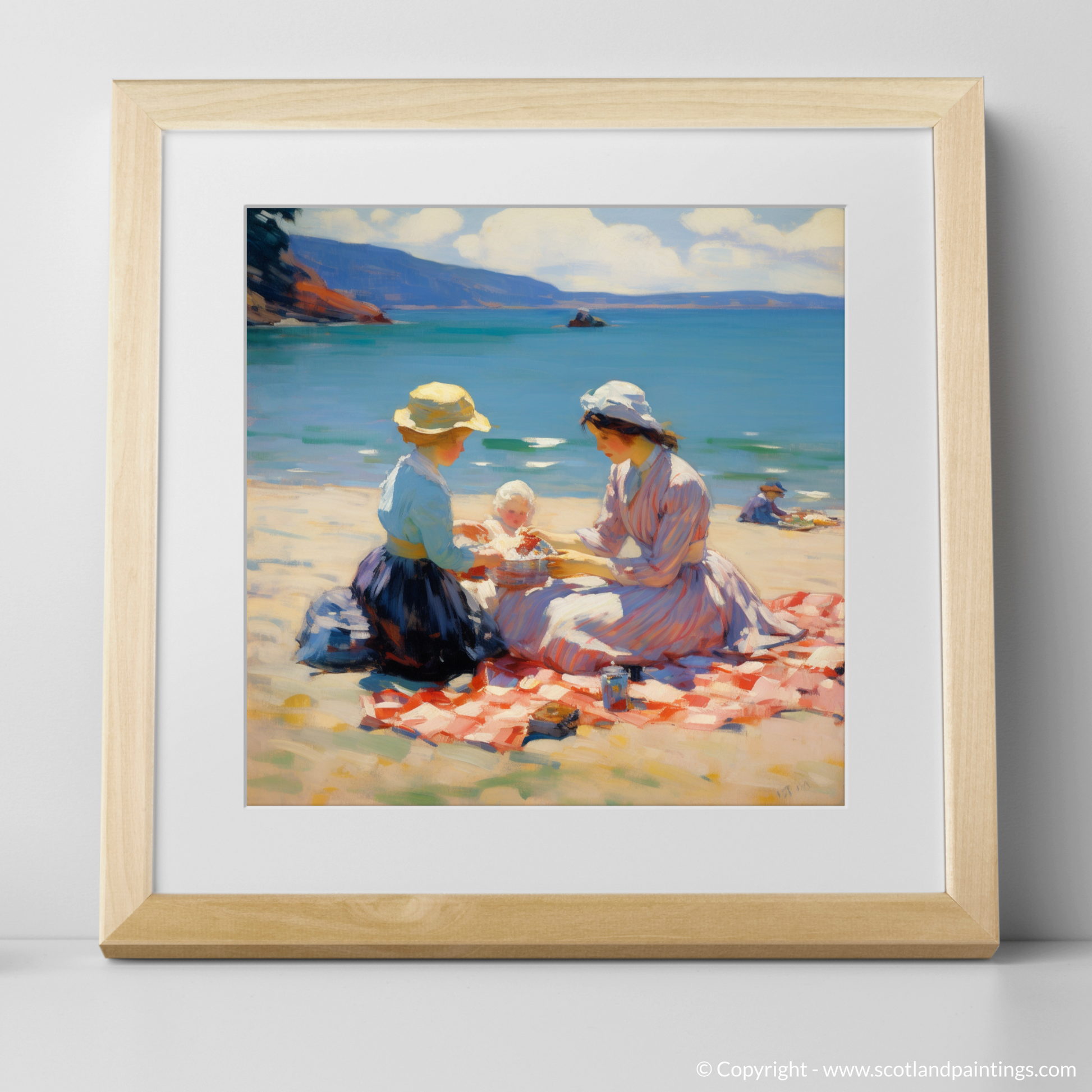 Art Print of A mum and daughter having a picnic at Oban Beach with a natural frame