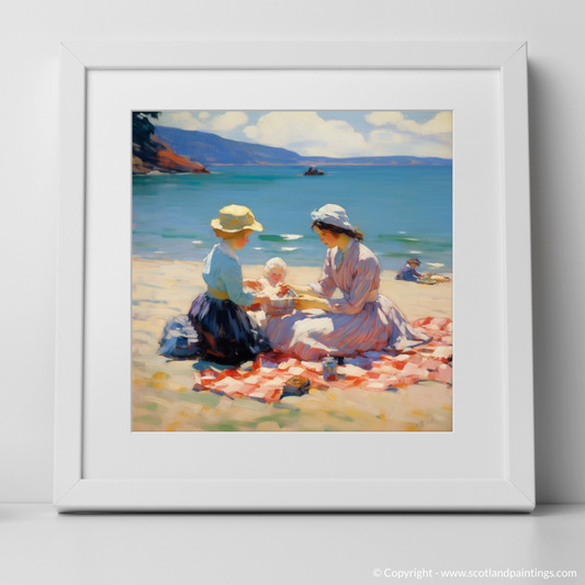 Art Print of A mum and daughter having a picnic at Oban Beach with a white frame