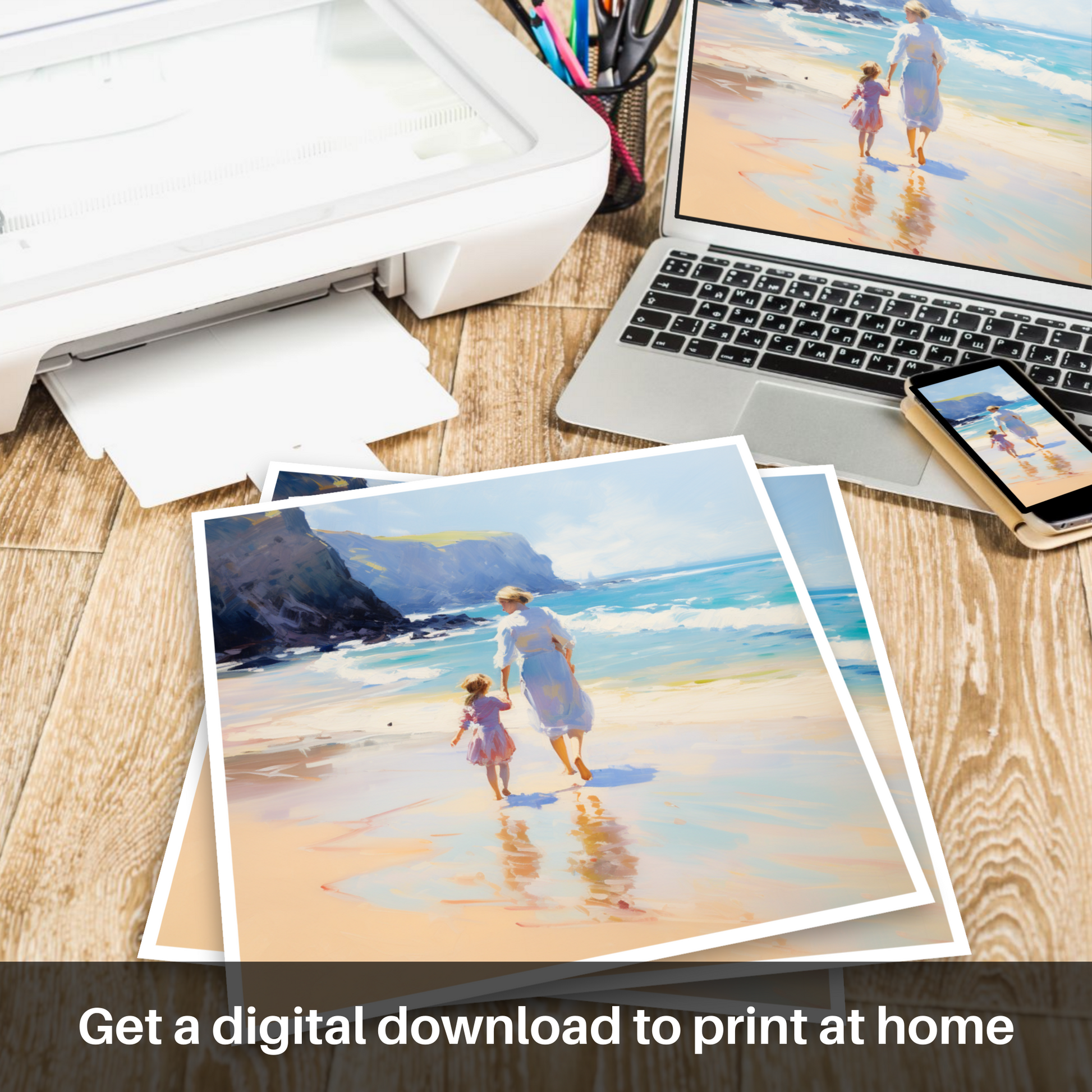 Downloadable and printable picture of A mum and daughter exploring Sandwood Bay