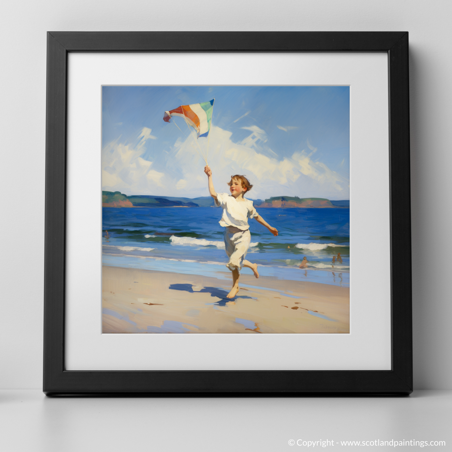 Art Print of A boy flying a kite at Culzean Beach with a black frame