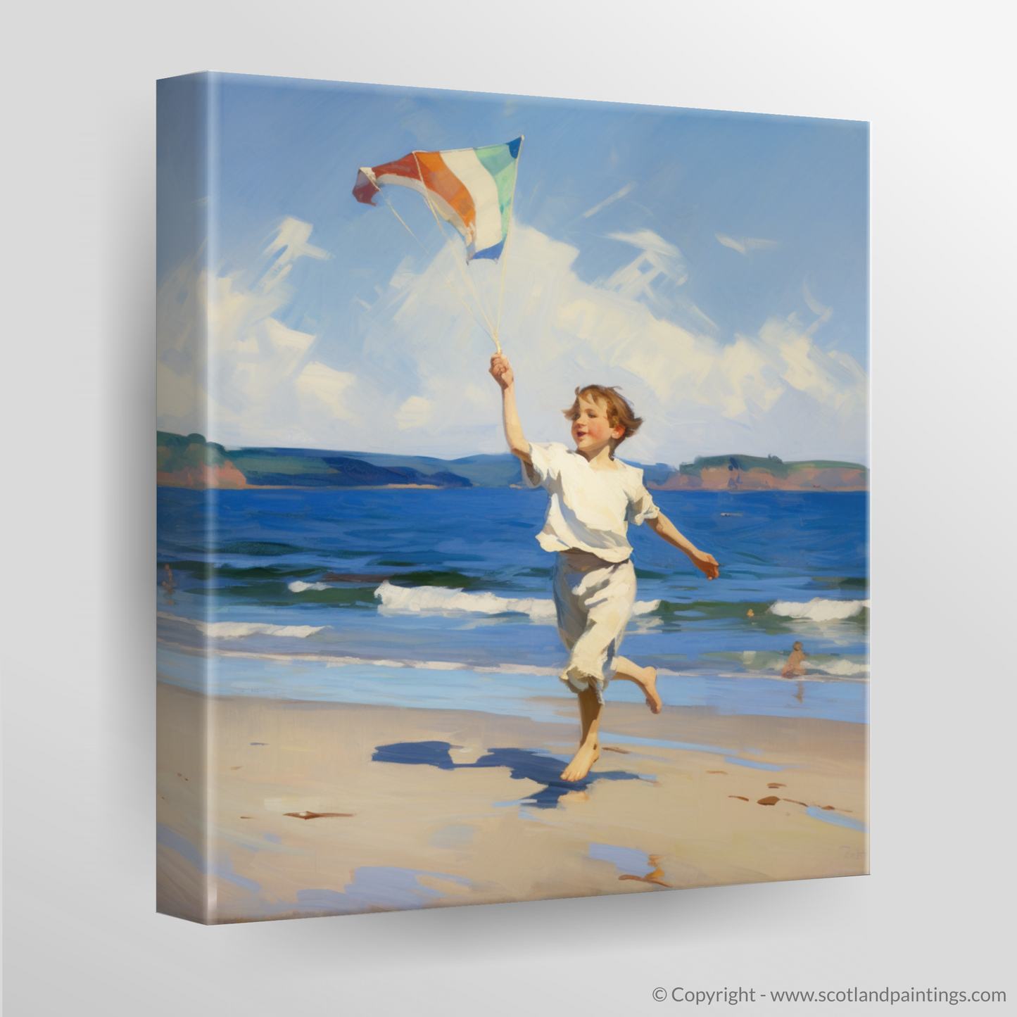 Canvas Print of A boy flying a kite at Culzean Beach